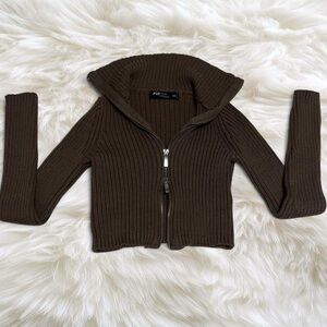 Brown Ribbed Zip-Up Sweater